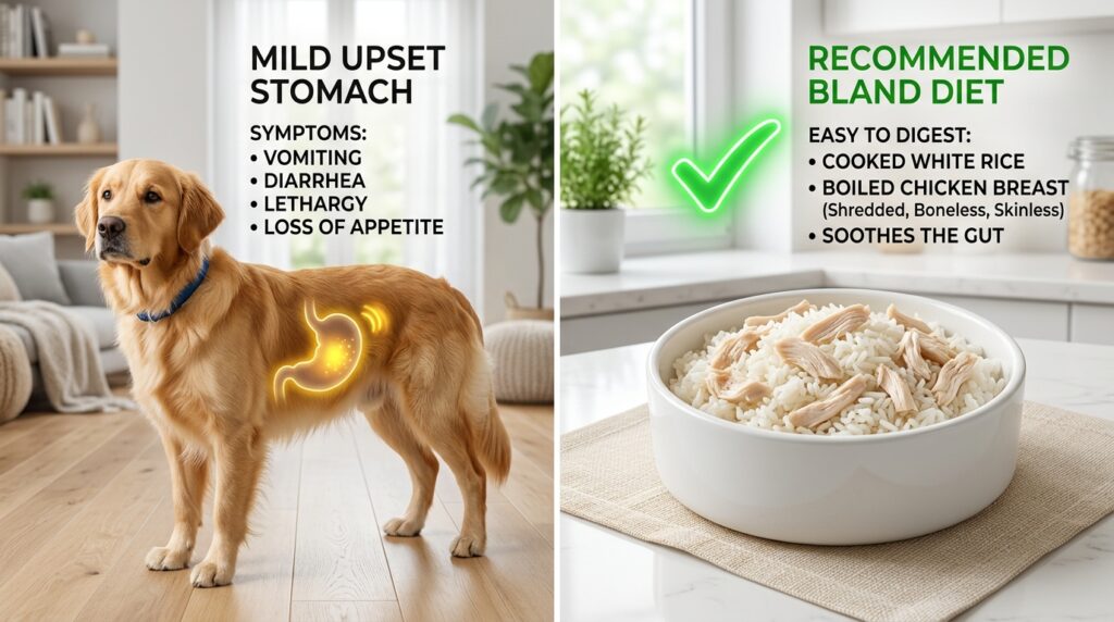 Educational comparison showing a bland diet to fix the issue when my dog has diarrhea for 3 days but is acting normal