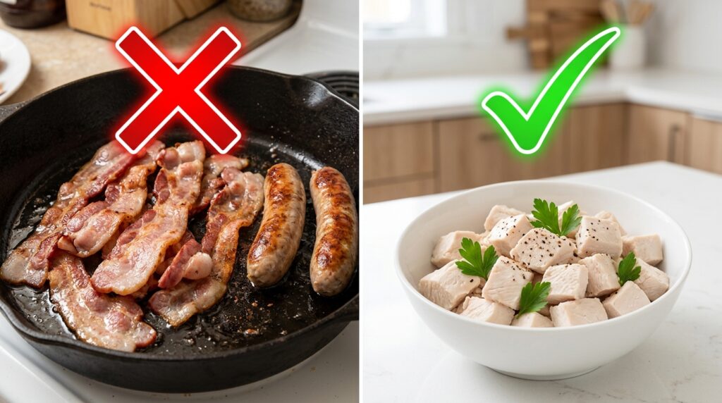 Educational comparison showing greasy bacon versus safe boiled chicken