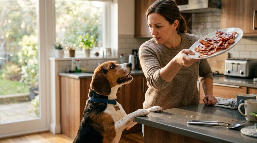A dog owner pulling bacon away wondering what is the one meat to never feed a dog