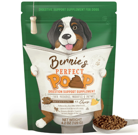 Bernies Perfect Poop digestion support powder representing high fiber supplements for diabetic dogs