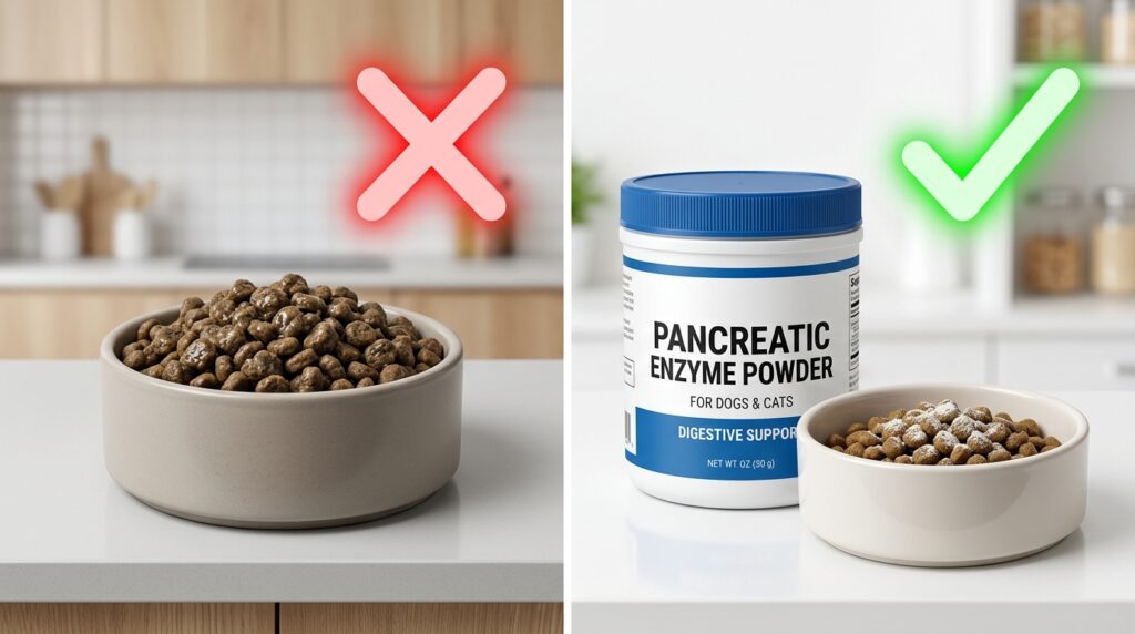 Educational comparison showing safe supplements when searching for the best digestive enzymes for dogs with pancreatitis