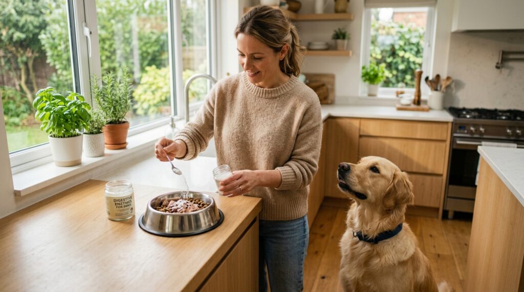 A caring dog owner adding the best digestive enzymes for dogs with pancreatitis to a meal