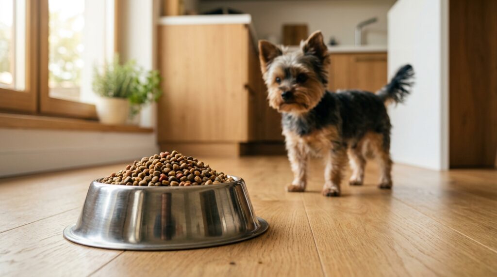 A tiny dog waiting for a bowl representing the best dog foods for hypoglycemia