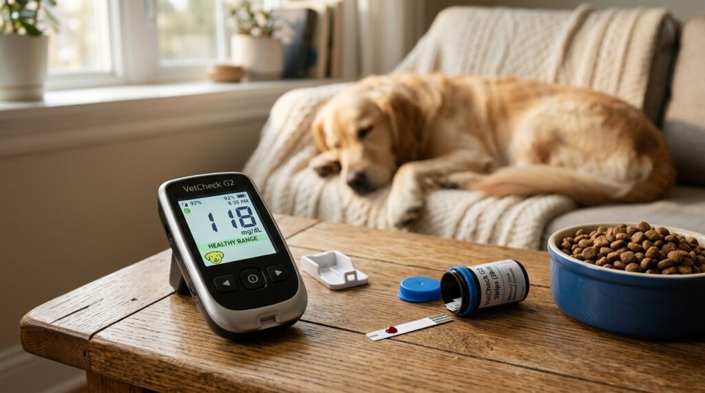 A digital testing device on a table representing the best dog glucose monitors