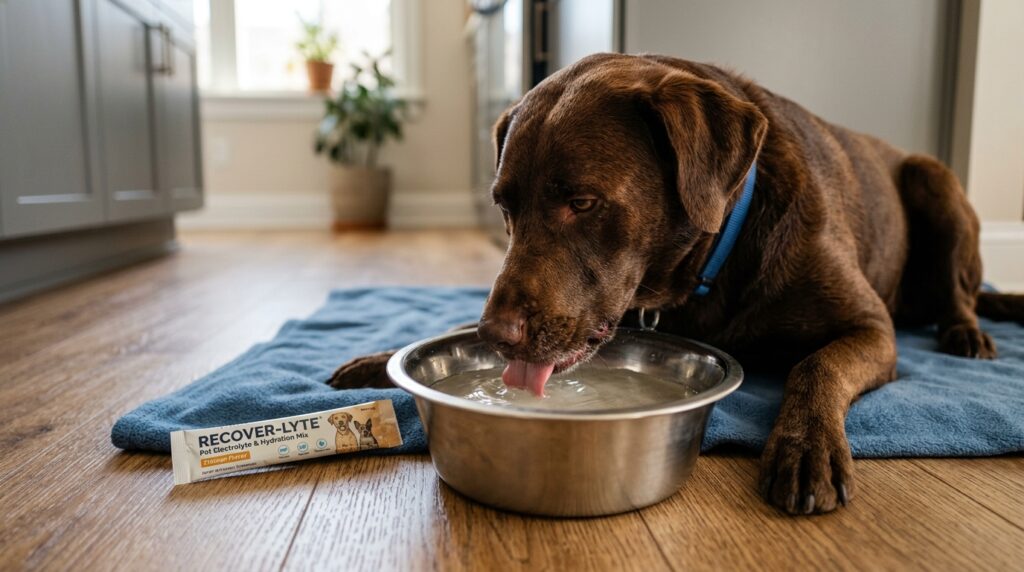 A dog drinking from a bowl representing the best electrolytes for dogs