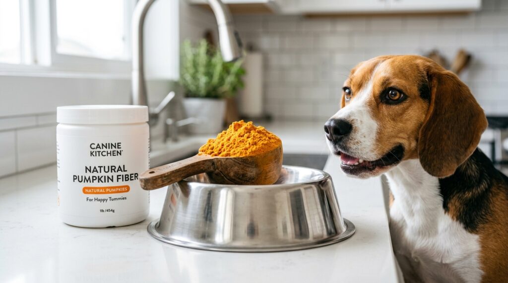 A healthy dog looking at a scoop of powder representing the best high fiber supplements for diabetic dogs