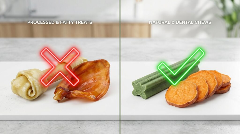 Educational comparison showing safe options when searching for the best low fat dog chews for pancreatitis