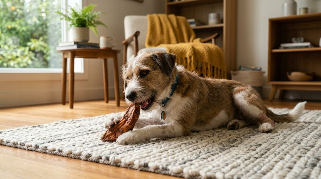 A dog enjoying a safe treat representing the best low fat dog chews for pancreatitis