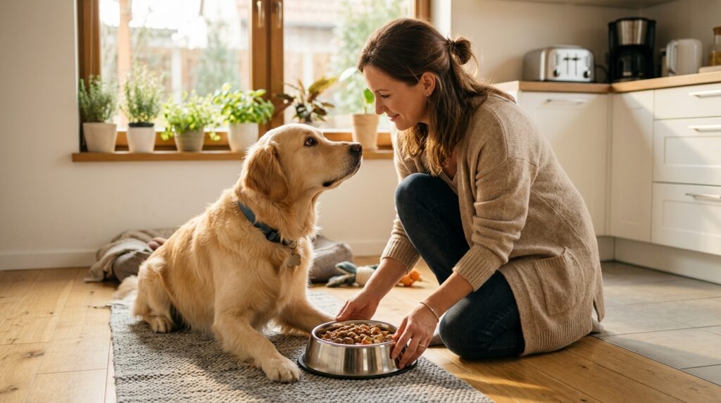 A caring owner feeding the best low-fat wet dog foods for pancreatitis recovery diet to her dog