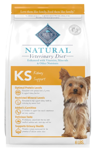 Blue Buffalo Natural Veterinary Diet KS Kidney Support bag, one of the best low phosphorus dog foods for kidney disease