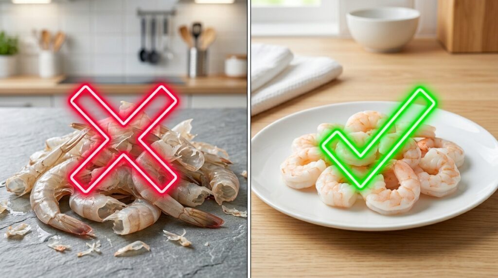 Educational comparison showing safe meat versus dangerous waste when asking can dogs eat shrimp shells and tails