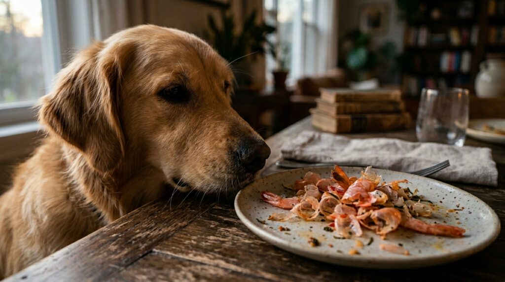 A curious dog looking at seafood waste representing can dogs eat shrimp shells and tails