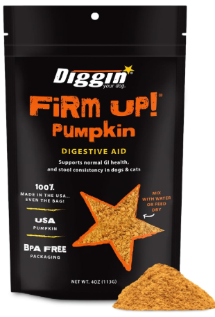 Diggin Your Dog Firm Up pumpkin fiber representing high fiber supplements for diabetic dogs