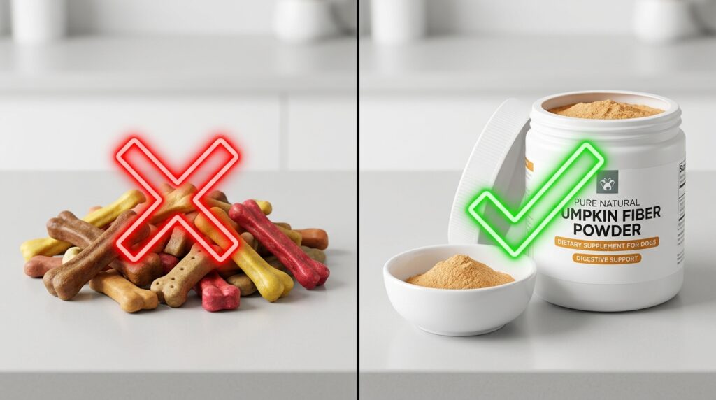 Educational comparison showing safe clinical powders when searching for high fiber supplements for diabetic dogs