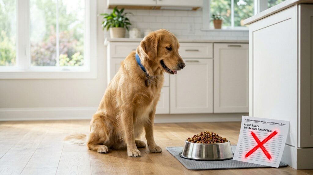 A happy dog looking at kibble next to a canceled vet prescription representing low fat dog food for pancreatitis