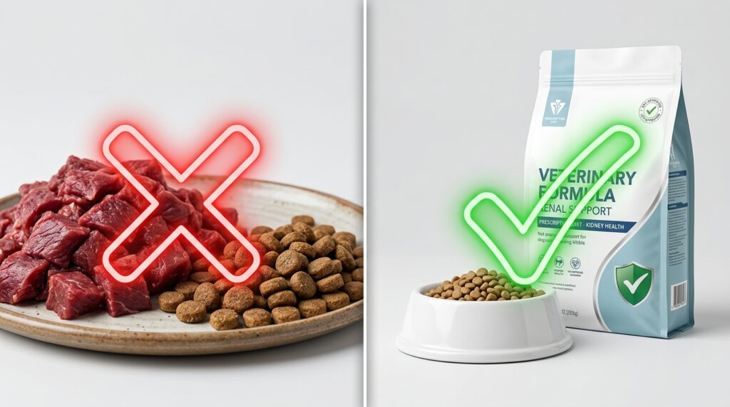 Educational comparison showing safe options when searching for low phosphorus dog foods for kidney disease