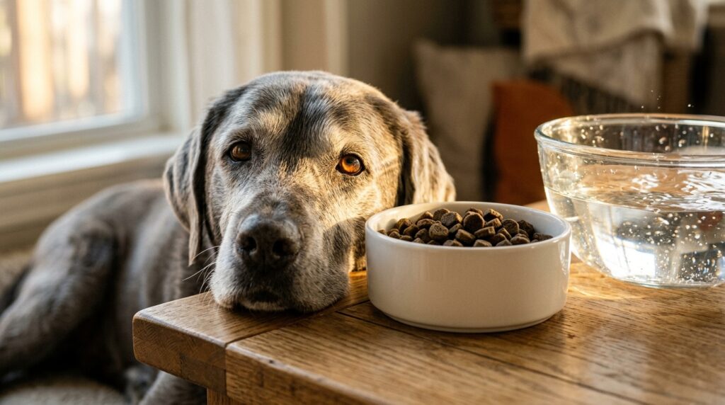 A senior dog looking at healthy meals representing low phosphorus dog foods for kidney disease