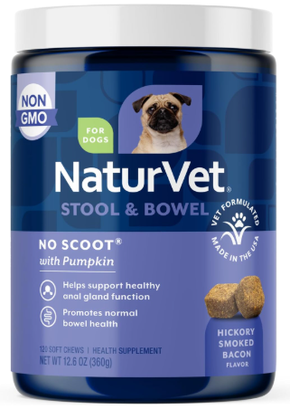 NaturVet No Scoot pumpkin fiber soft chews representing high fiber supplements for diabetic dogs