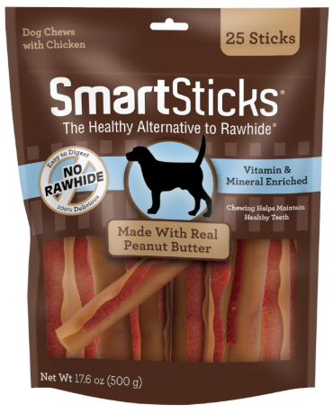 SmartBones SmartSticks peanut butter rawhide free treats as the best low fat dog chews for pancreatitis