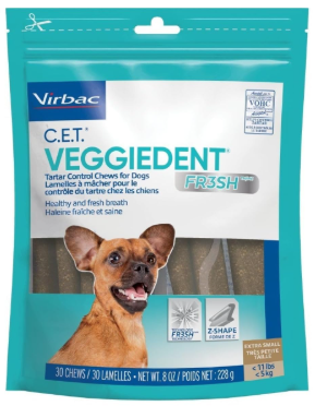 Virbac VeggieDent tartar control chews ranking among the best low fat dog chews for pancreatitis
