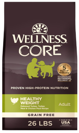 Wellness CORE Healthy Weight dry food representing the best low fat dog food for pancreatitis