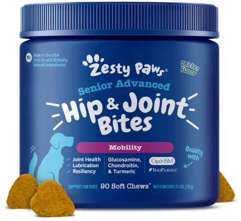 Zesty Paws Senior Advanced Hip and Joint Bites tub, representing the best joint supplements for senior dogs