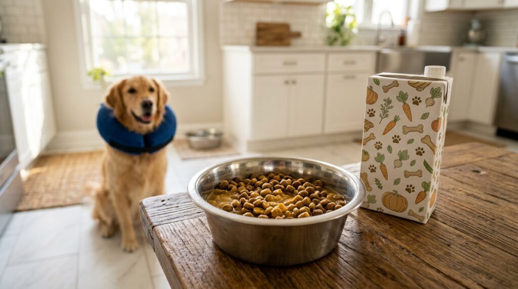 A bowl of kibble topped with liquid representing the best bone broths for dogs with pancreatitis