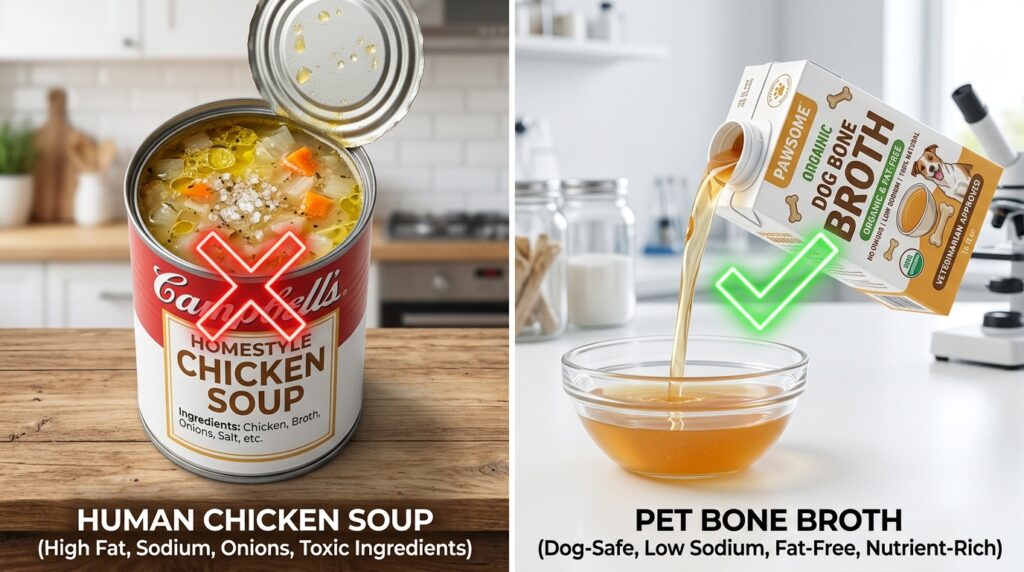 Educational comparison showing safe vet options when searching for the best bone broths for dogs with pancreatitis