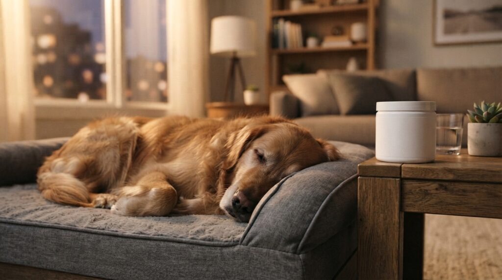 A peacefully sleeping dog next to a tub representing the best calming supplements for dogs