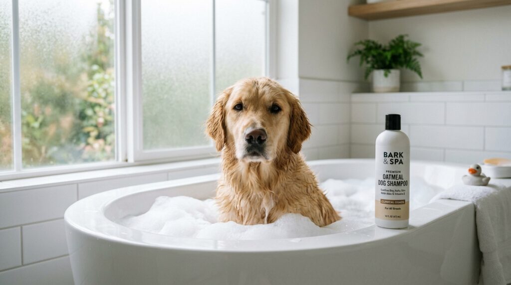 A dog in a bathtub next to a bottle representing the best dog shampoos for itchy skin