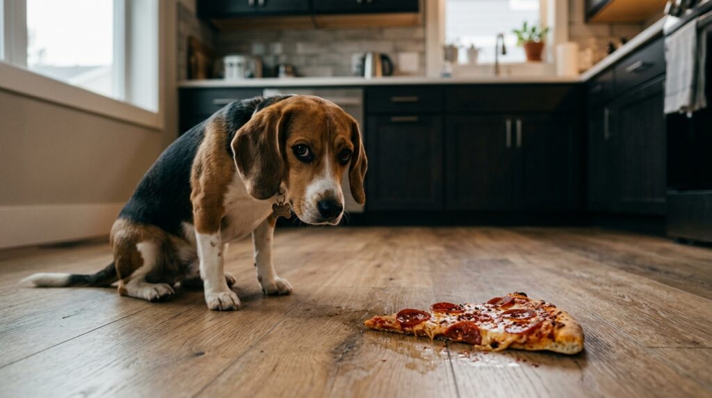 A dog looking at a dropped spicy meat slice representing can dogs eat pepperoni