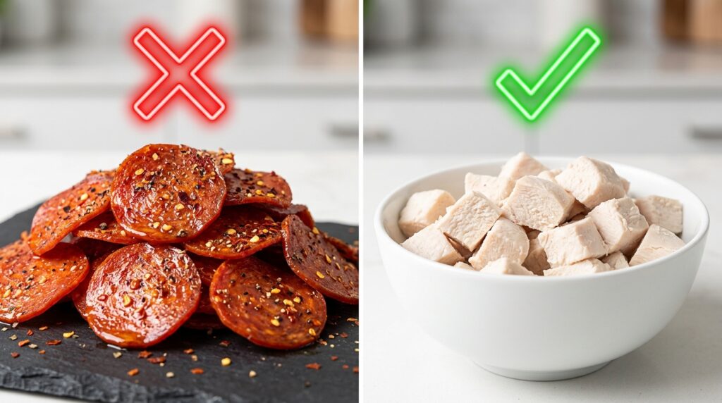 Educational comparison showing safe meats versus dangerous spices when asking can dogs eat pepperoni