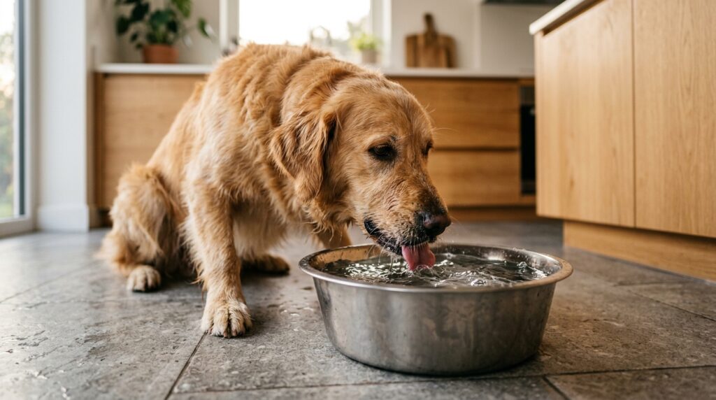 A thirsty dog drinking water to combat salt poisoning representing can dogs eat pepperoni