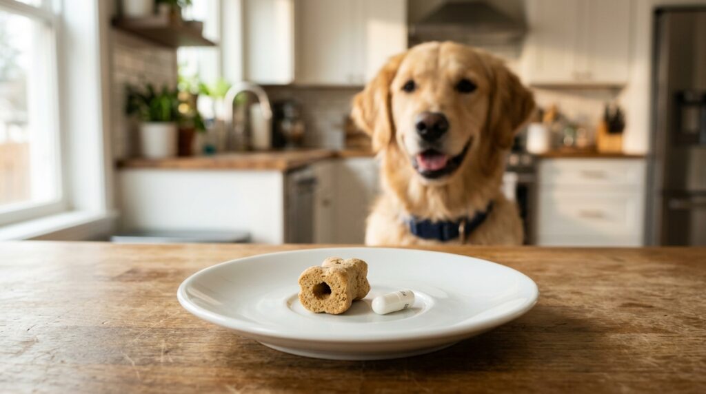A medical capsule next to a treat representing low fat pill pockets for dogs with pancreatitis
