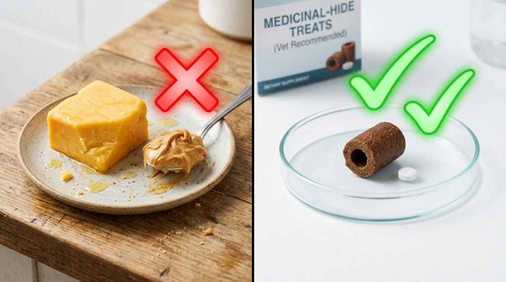 Educational comparison showing safe options when searching for low fat pill pockets for dogs with pancreatitis