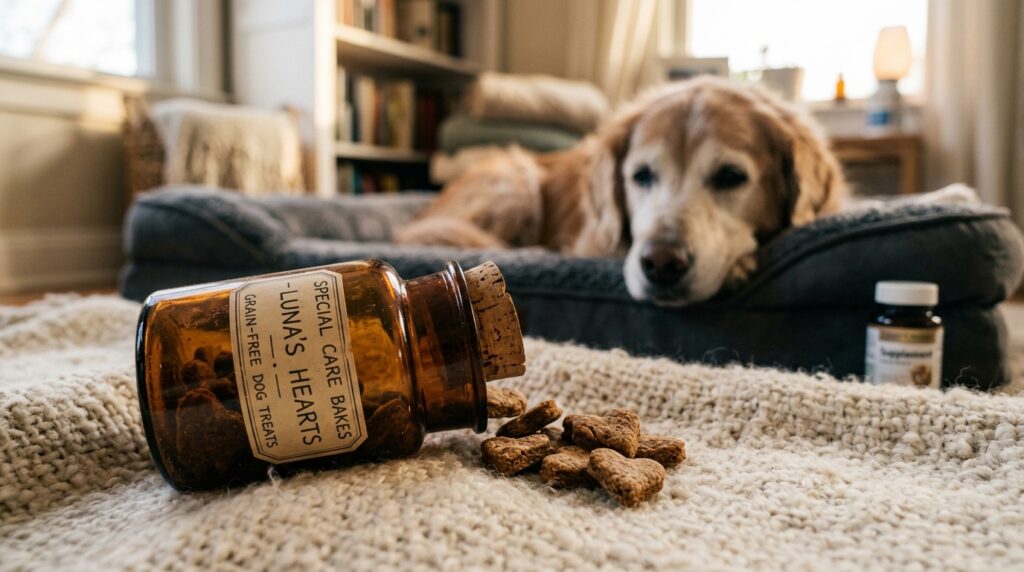 A specialized jar of safe snacks representing low phosphorus dog treats for kidney disease