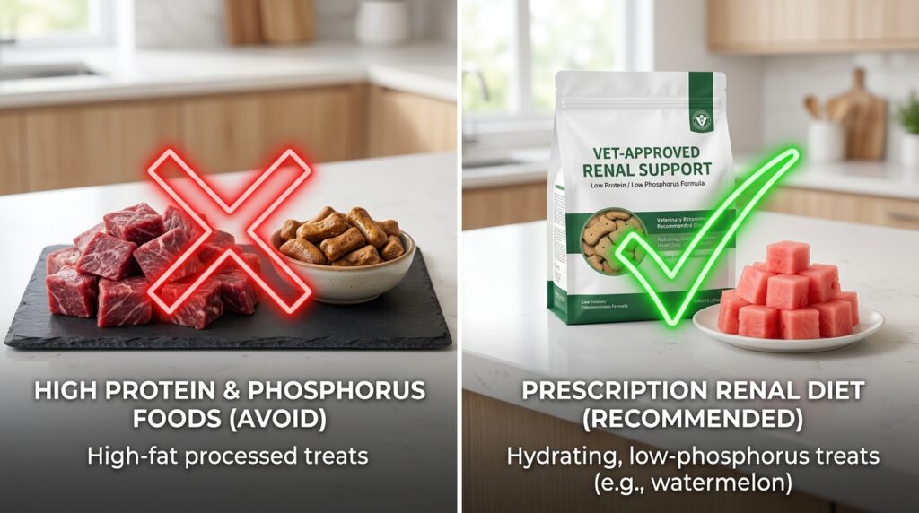 Educational comparison showing safe options when searching for low phosphorus dog treats for kidney disease