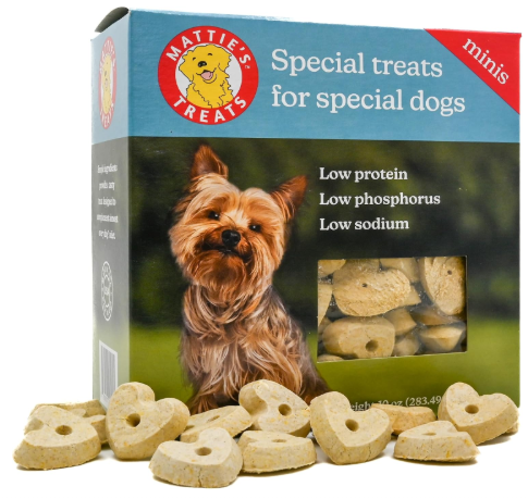 Mattie's Treats representing low phosphorus dog treats for kidney disease