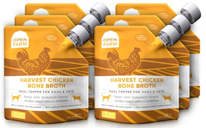Open Farm chicken broth pouches representing the best bone broths for dogs with pancreatitis