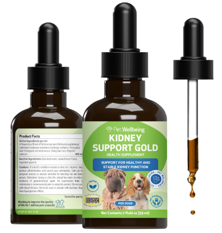 Pet Wellbeing Kidney Support Gold liquid representing low phosphorus dog treats for kidney disease