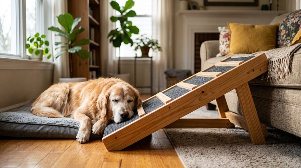 A sturdy wooden incline representing the best dog ramps for older dogs