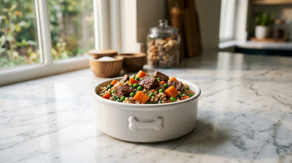 A bowl of fresh meat and vegetables representing the best human grade dog food