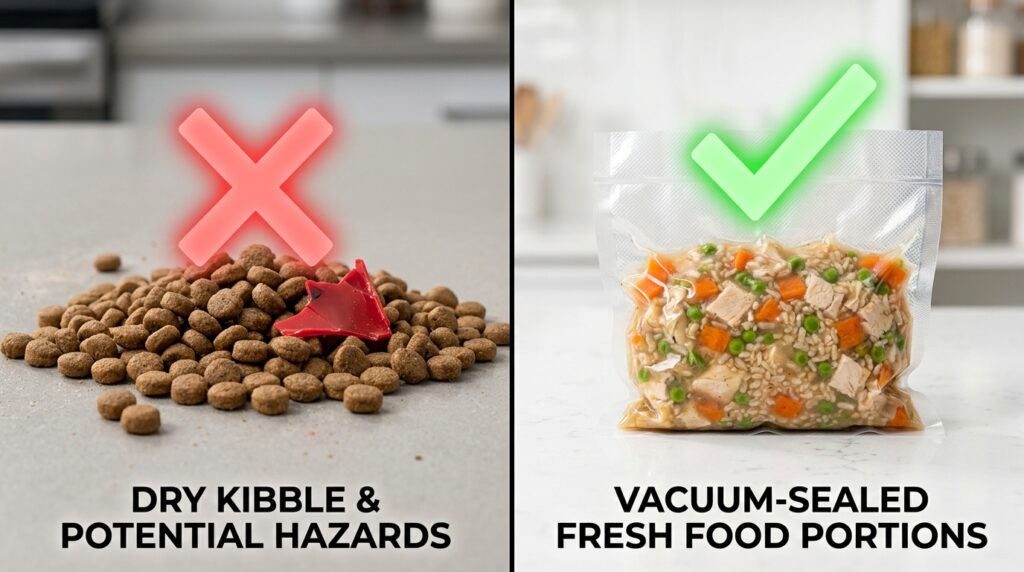 Educational comparison showing safe fresh meals when searching for the best human grade dog food