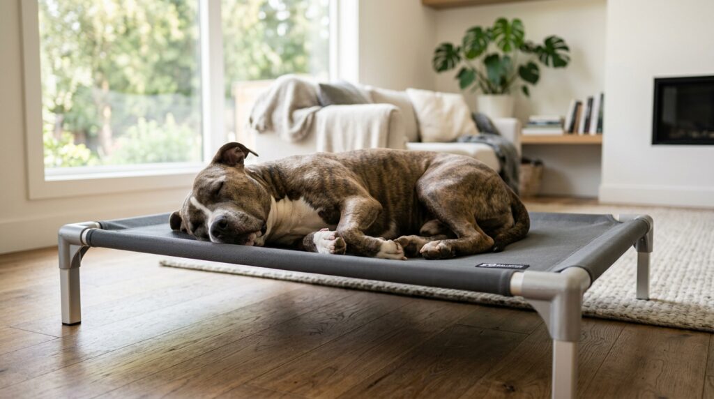 A dog sleeping on a metal frame bed representing the best indestructible dog beds for heavy chewers