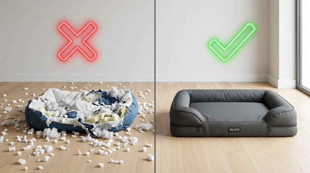 Educational comparison showing durable materials when searching for the best indestructible dog beds for heavy chewers