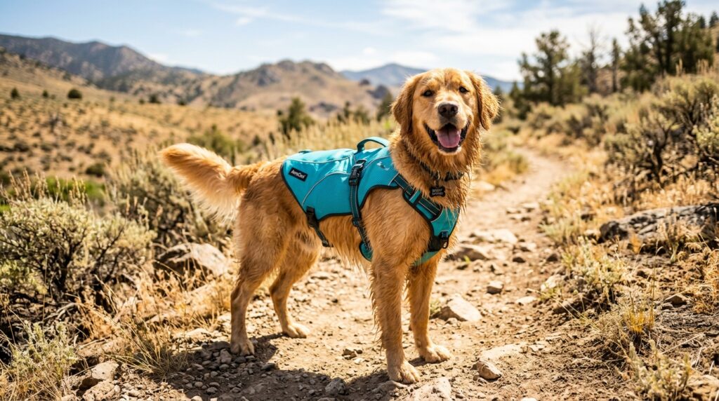 A dog wearing a cooling jacket representing dog cooling vests for summer heat