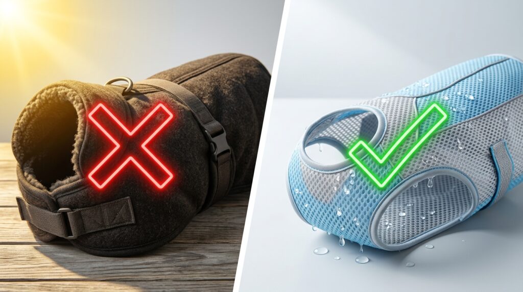 Educational comparison showing safe evaporative gear when searching for dog cooling vests for summer heat