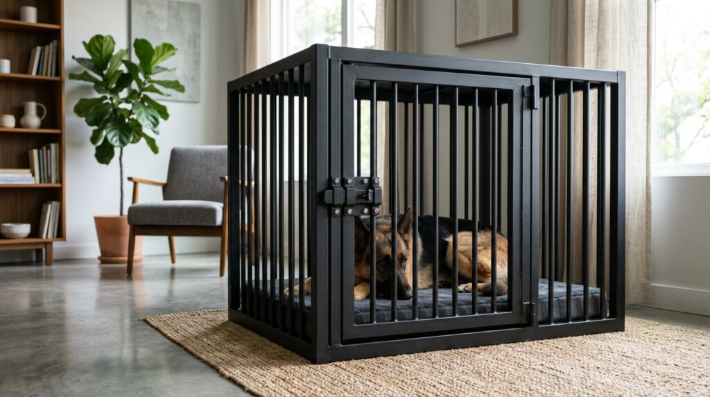 A calm dog resting inside a steel cage representing heavy duty dog crates for separation anxiety