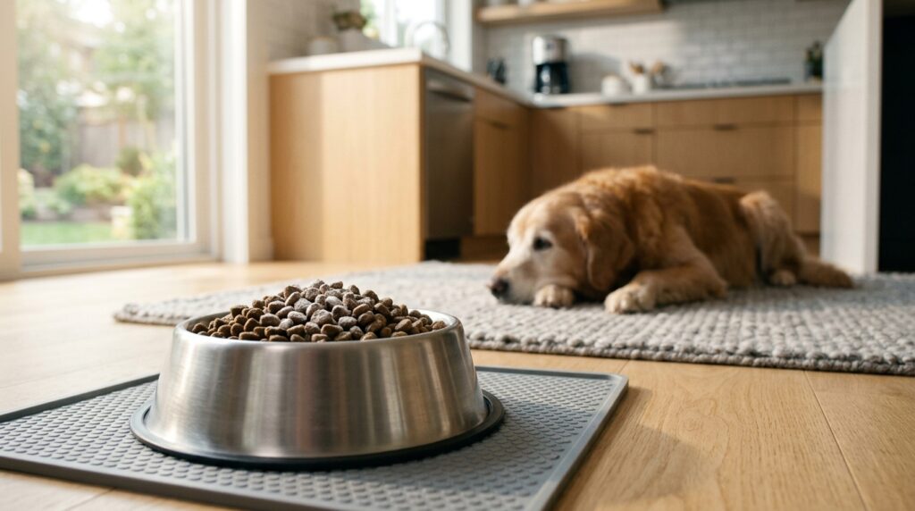 A dog bowl dusted with medical powder representing the best kidney supplements for dogs