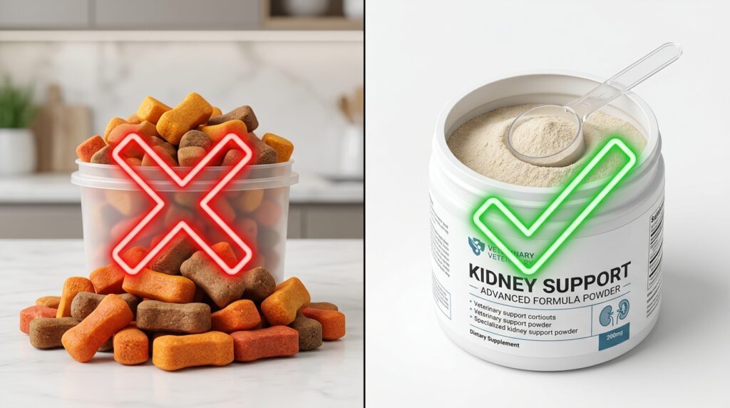 Educational comparison showing safe clinical options when searching for the best kidney supplements for dogs